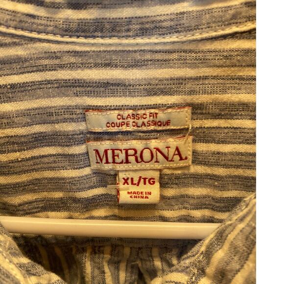 Linen Cotton Striped Blue White Nautical Merona Classic Fit Button Down XL - Picture 2 of 6
